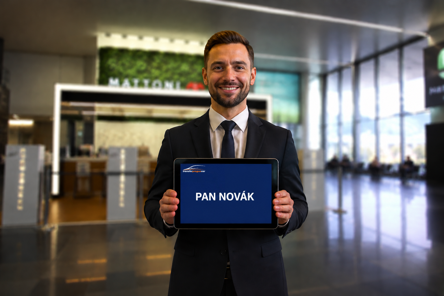 Řidič s cedulkou čeká na customer u výstupu z airport